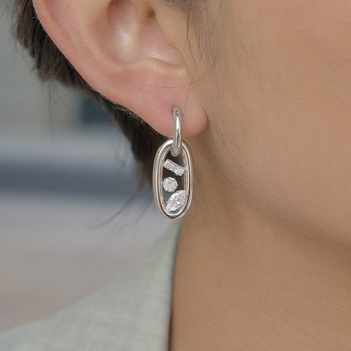 J&D Elegant Steel Earrings White Zircon Geometric Double Hoop Interlocking Waterproof Hypoallergenic Tarnish Free Jewelry