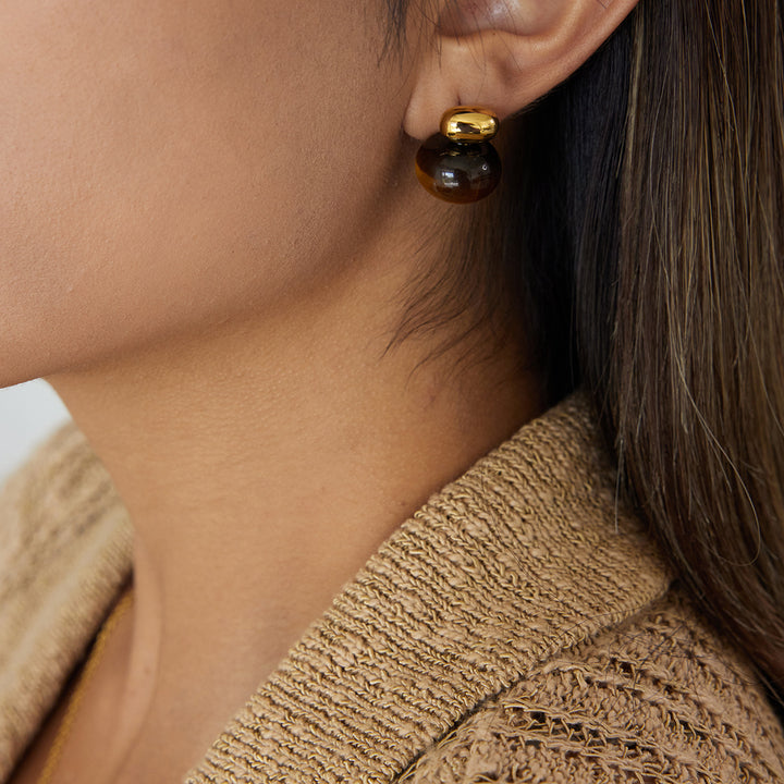 J&D Classic Retro Tiger Eye Earring 18K Gold Stainless Steel Natural Stone Earring Chunky Oval Tiger Eye Stone Earrings