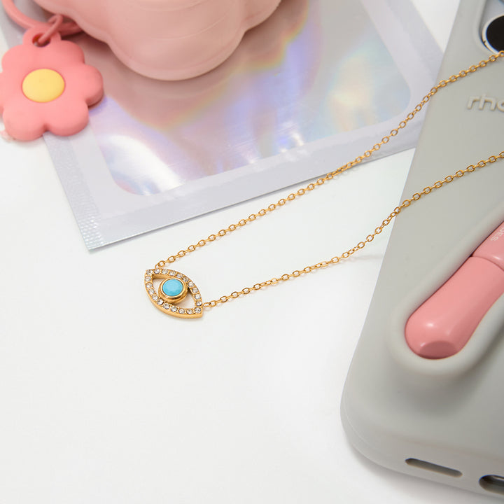 J&D Vintage 18K Gold Stainless Steel White Zircon Blue Turquoise Evileye Pendant Necklaces