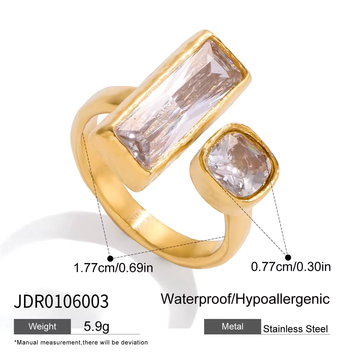 18K PVD Gold Plated Stainless Steel Ring Waterproof Classic Trendy White Rhinestone Open Ring