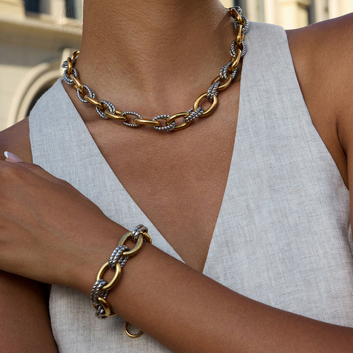 J&D 18K Gold Plate Stainless Steel Necklace Classic Minimalist Two Tone Oval Smooth Twist Necklace