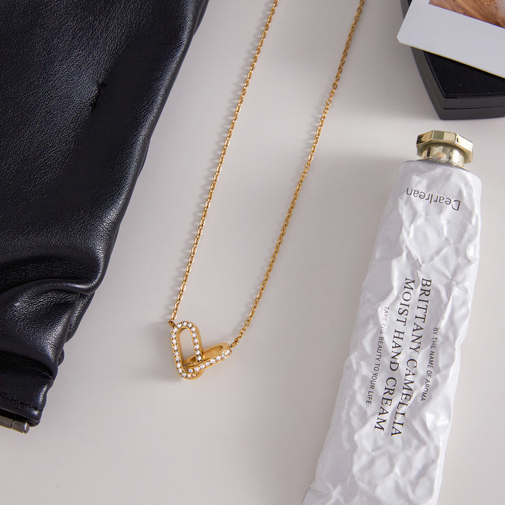 J&D 18K Gold Plate Stainless Steel Necklace Classic Zircon Oval Geometric Interlocking Pendant Necklace