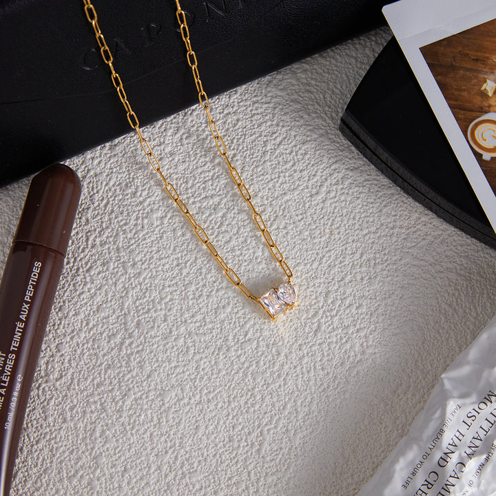 JD 18K Gold Plate Stainless Steel Necklace Trendy Classic Drop Square Shape White Zircon Pendant Necklace