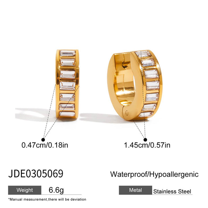 J&D Stainless Steel Waterproof 18K PVD Gold Plating Crystal Rectangle Stone 15MM Small Huggie Earrings