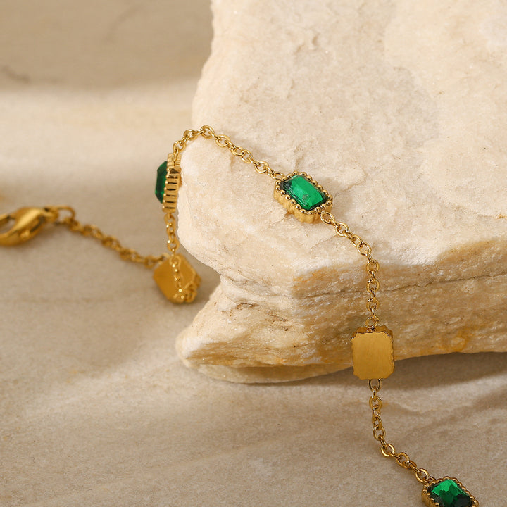 14K Gold Plated Stainless Steel Fine Chain Cubic Zirconia Jewelry Mulit Green Rectangle Bracelet