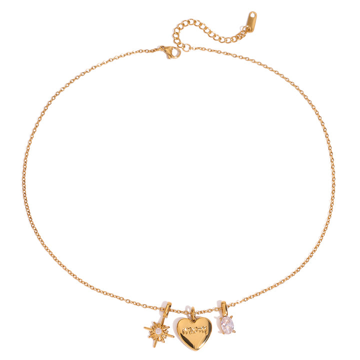 J&D 18K PVD Gold Plate Stainless Steel Necklace Love MOM White Zircon Star Heart Pendant Necklace