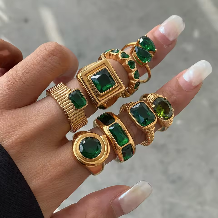 J&D Fashionable Minimalist 18K Gold Plated Statement Stainless Steel Summer Green Ring