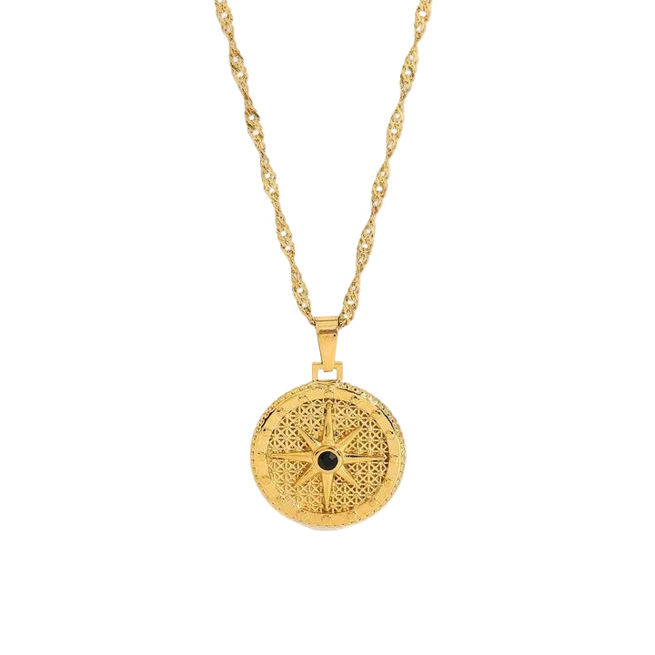 Trendy Titanium Steel Necklace 18K Gold Plating Stainless Steel Round Octagon Signet Black Diamond Necklace