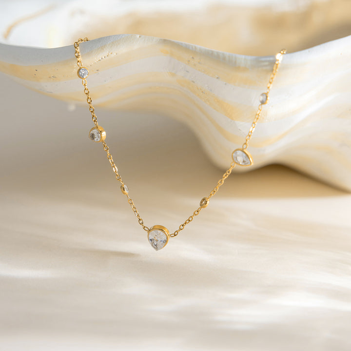 J&D 18K PVD Gold Plate Stainless Steel Necklace Trendy Classic White Teardrop-shaped Zircon Necklace