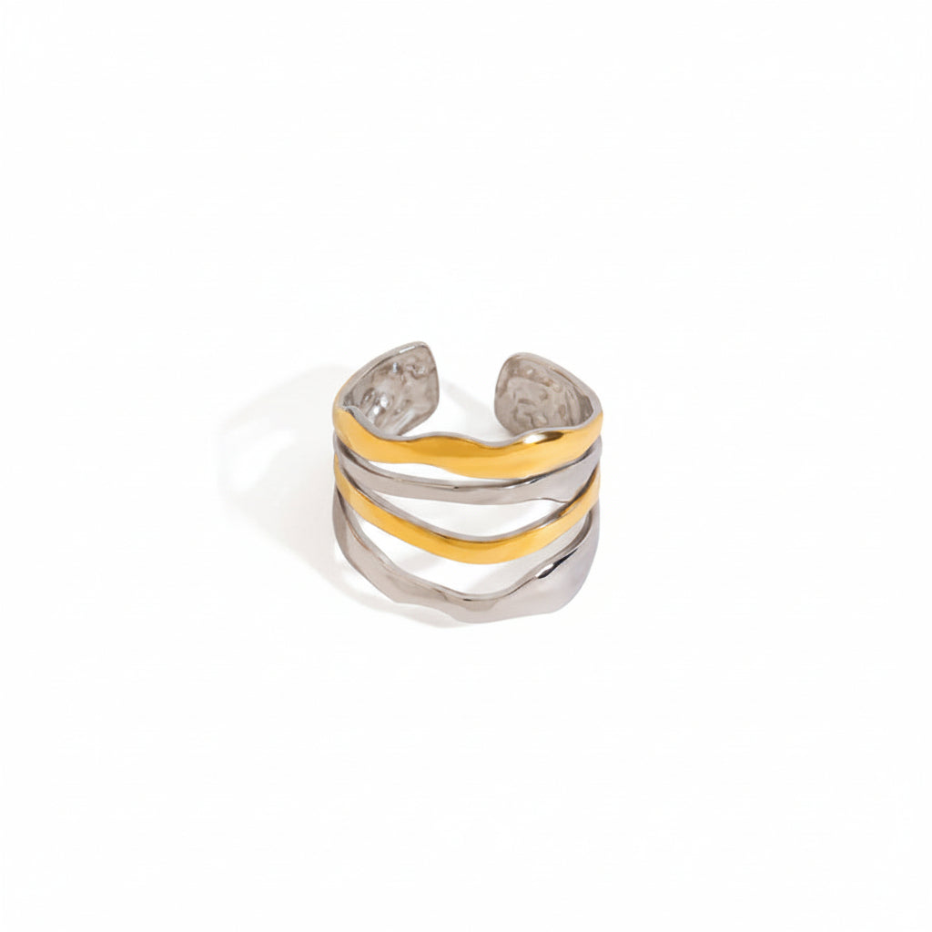 J&D Modern Minimalist 18K gold stainless steel Two Tone Multi-Layer Lines Adjustable Open Rings
