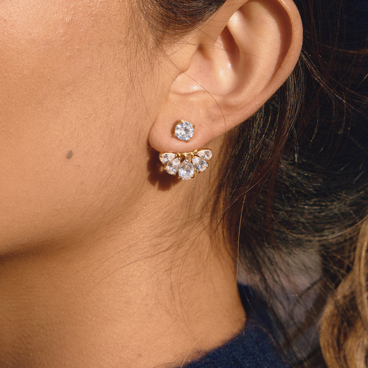J&D Classic Elegant Water Drop Zircon Earring 18K Gold Plated Stainless Steel Zirconia Circle Detachable Fan Jackets Earrings