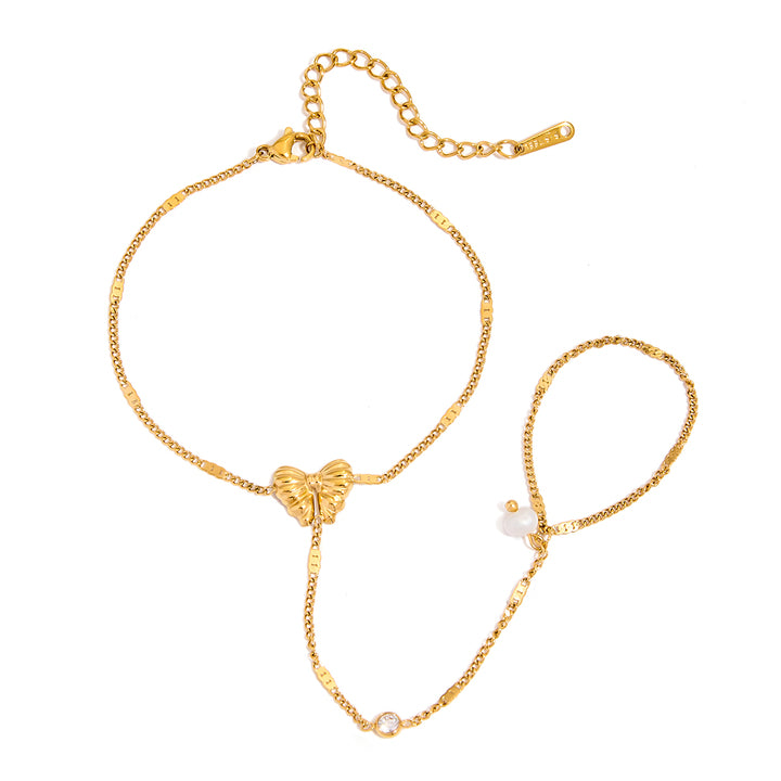 J&D 18K Gold Plated Stainless Steel Bracelets Holiday Romantic Zircon Bowknot Hand Chain Finger Bracelet