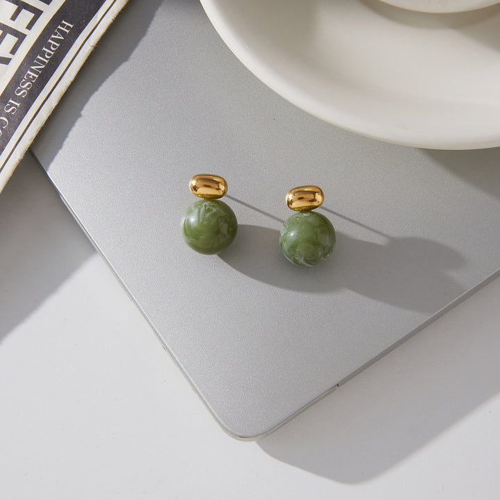 J&D Green Resin Marble Grain Stainless Steel 18K Gold Plated Vintage Statement Stud Earrings Gift for Women Daily Office Wear