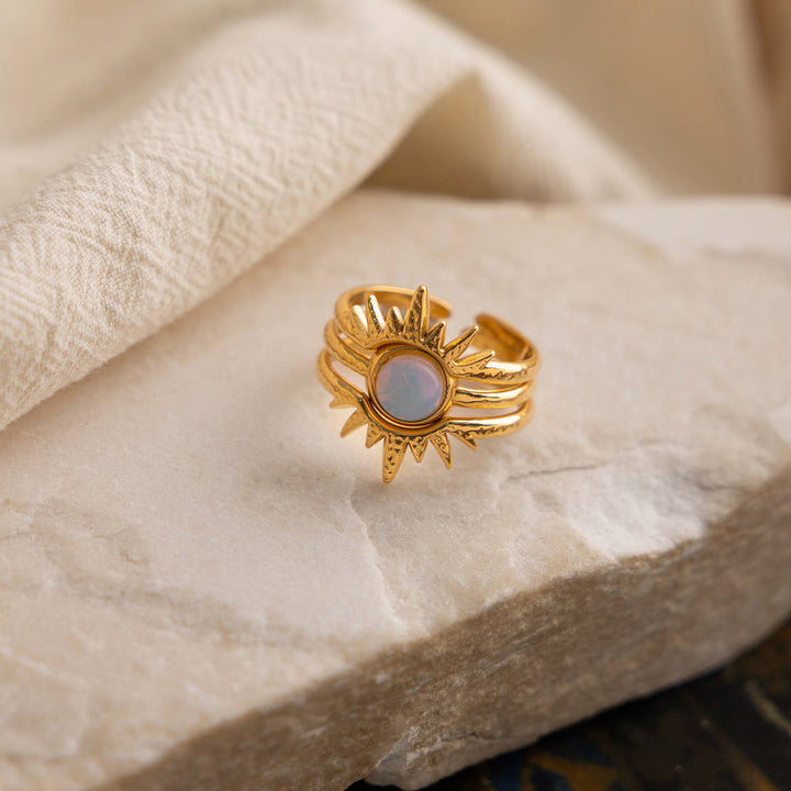 J&D Elegant Opal Inlay Stackable Ring Set Gold Plated Sunburst Design Adjustable Open Cuffs Celestial Jewelry Trio