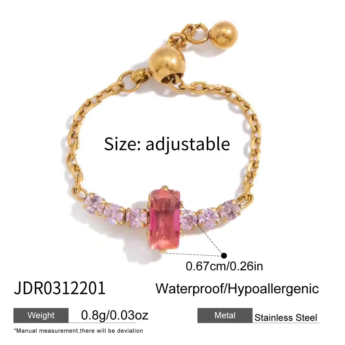 Sweet 18K Gold Stainless Steel Ring with Colored Zircon Pull-out Adjustable Design