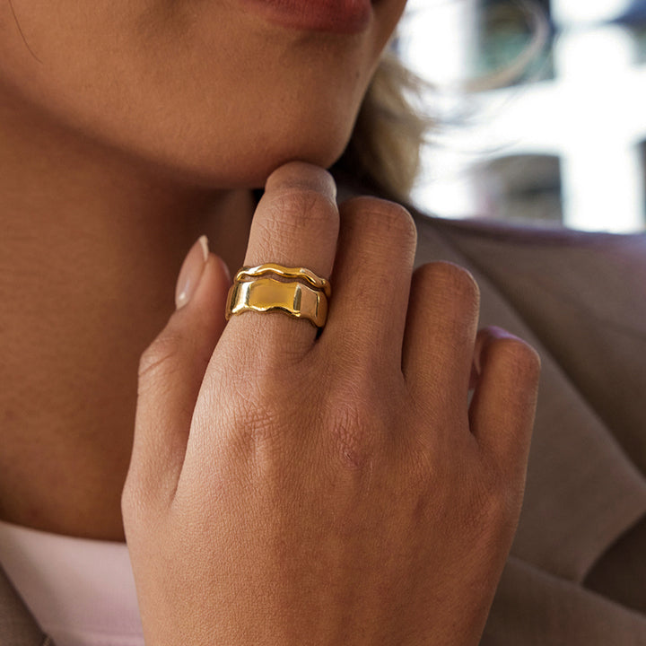 J&D 18K Stainless Steel Bezel Setting Minimalist Wave Ring Set-Pair of Gold Adjustable Open Bands