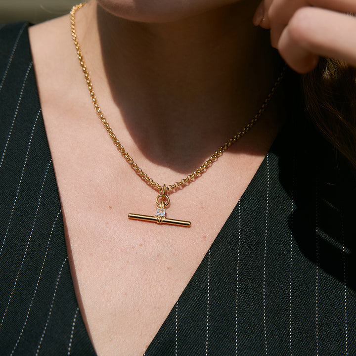 J&D Original Design Classic Inspire T Bar Pendant 18K Gold Stainless Steel Silver Square Cubic Zircon T Bar Cross Chain Necklace