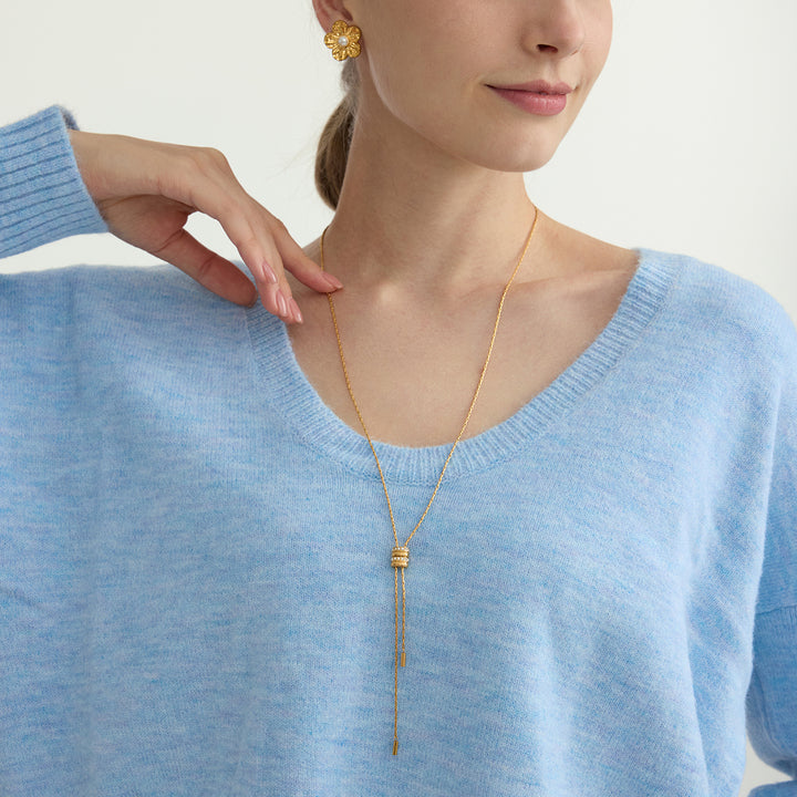 J&D Lariat Y Necklace Stainless Steel Long Sweater Necklace Adjustable Slider Tassel CZ Stone Minimalist Modern Party Gift