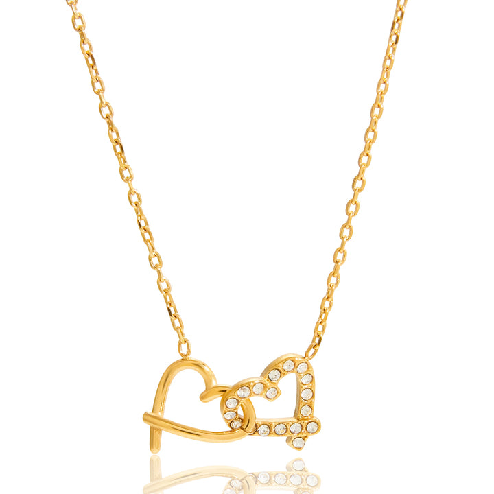 J&D 18K Gold Plate Stainless Steel Necklace Classic Zircon Heart Double-ring Interlocking Pendant Necklace