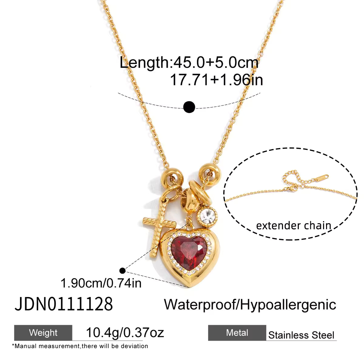 Original Design 316L Stainless Steel Red Blue Zircon Heart Round Cross Pendant Charm Necklace Valentine's Day Gift