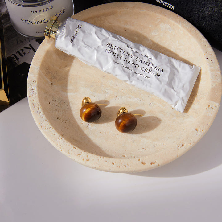 J&D Classic Retro Tiger Eye Earring 18K Gold Stainless Steel Natural Stone Earring Chunky Oval Tiger Eye Stone Earrings