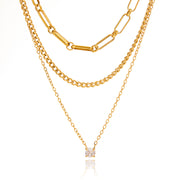 J&D Stainless Steel 18K PVD Gold Plating Three Layers Cuban Paper Clip O Shape Chain CZ Cubic Zircon Necklace