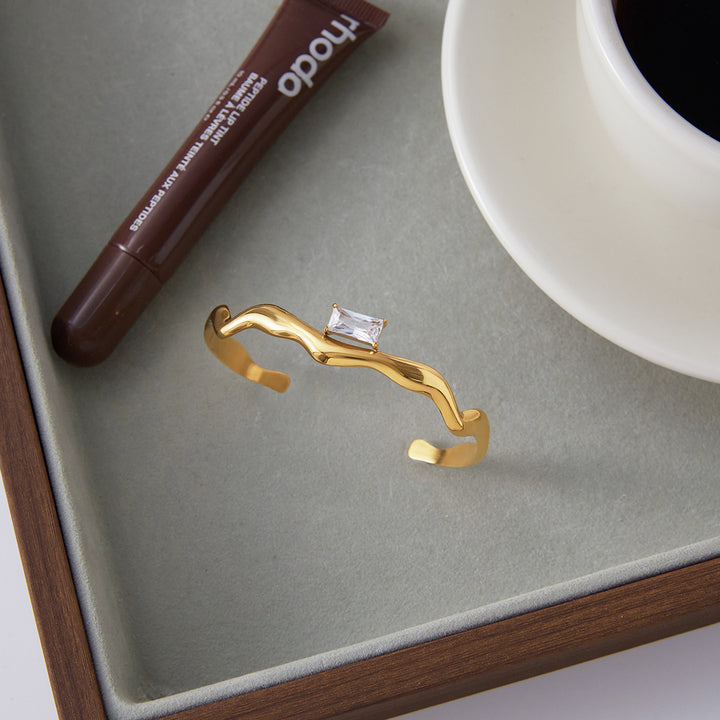 J&D Jewelry Wave Irregular Cuff Bangle 18K Gold Plated Stainless Steel Zircon Opening Bangle
