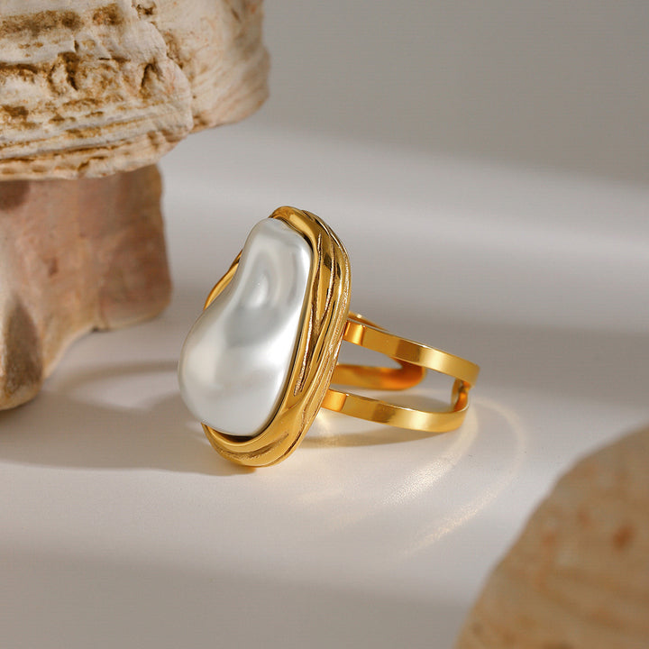 J&D Vintage Luxury Jewelry Stainless Steel 18K Gold Rings Women Handmade Big Baroque Pearl Open Rings