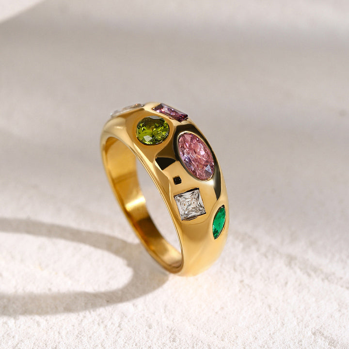 J&D New Trendy 18k Gold Plated Stainless Steel Jewelry Wide Chunky Colorful Cubic Zircon Stone Ring