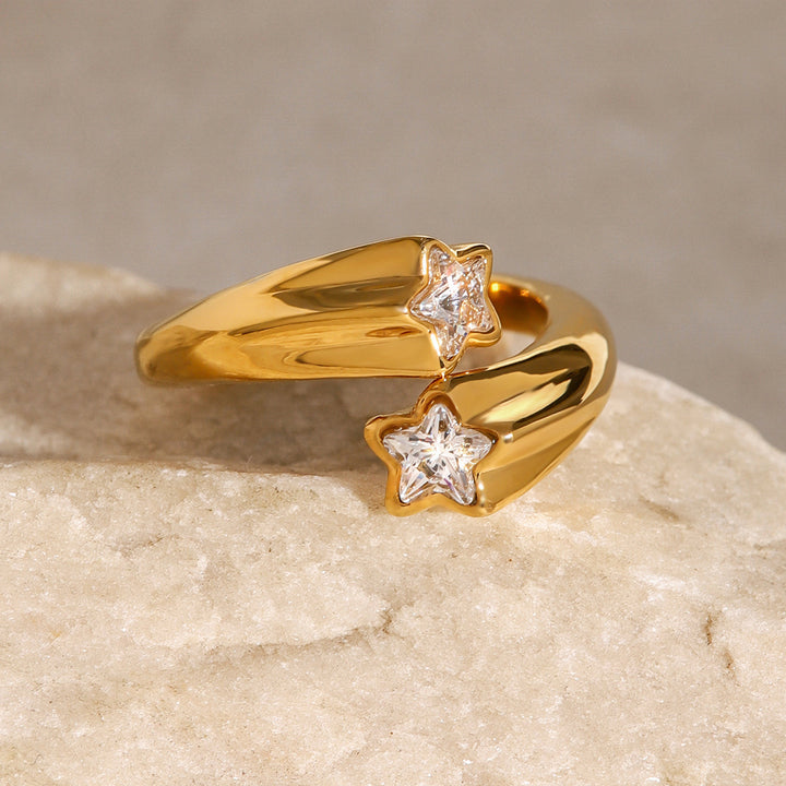 J&D Women Elegant Jewelry 18K Gold Plated Stainless Steel Asymmetrical Open Five-point Star Zircon Ring