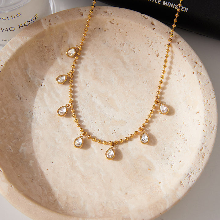 J&D 18K PVD Gold Plate Stainless Steel Necklace Trendy Classic Teardrop-shaped Zircon Pendant Necklace