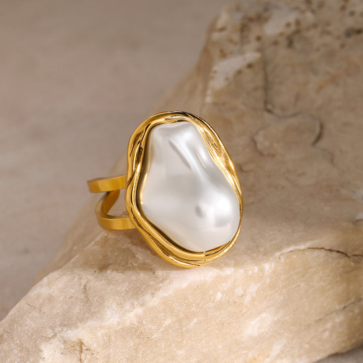 J&D Vintage Luxury Jewelry Stainless Steel 18K Gold Rings Women Handmade Big Baroque Pearl Open Rings