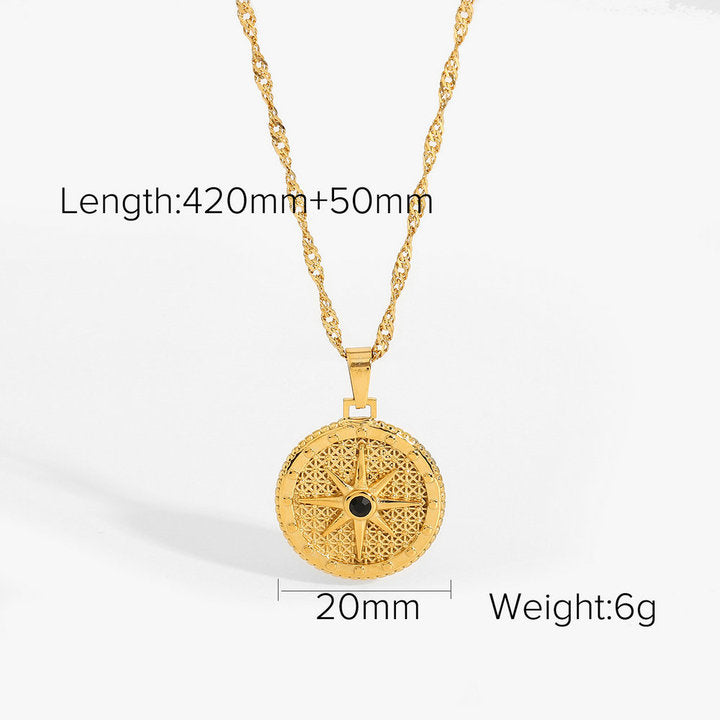 Trendy Titanium Steel Necklace 18K Gold Plating Stainless Steel Round Octagon Signet Black Diamond Necklace
