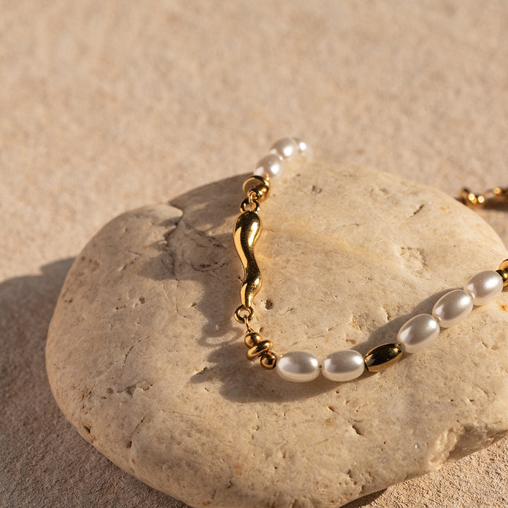 Glass Pearl Beads Chain Bracelet Jewelry Gift 18k Gold Plated Stainless Steel Simple Daily Bracelet for Women