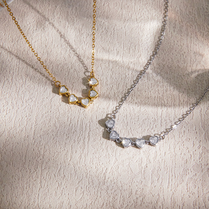 J&D 18K Gold PVD Stainless Steel Tennis Necklace White Heart Zirconia Inlaid Tarnish Free Radiant Dainty Female Luxury Jewelry