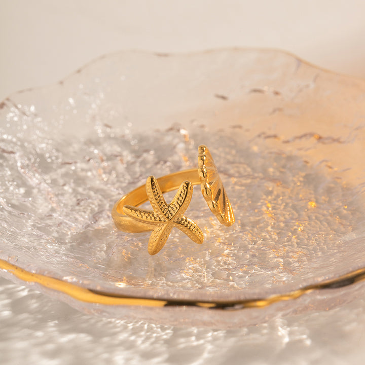 Ins Ocean Style Stainless Steel 18K PVD Plated Shell and Starfish Rings Tarnish Free Rings for Girls