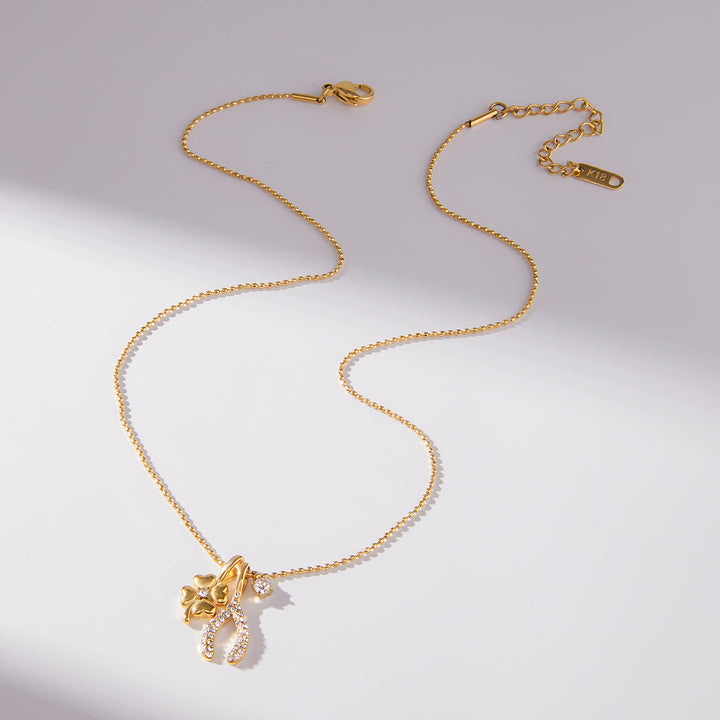 J&D 18K Gold Plated Stainless Steel Necklace Zircon Four Leaf Clover Wishbone Bead Chain Lucky Charms Necklace for Gift