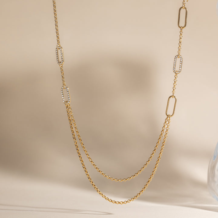 J&D 18K PVD Gold Plate Stainless Steel Necklace Classic White Rhinestone Hollow O-Shaped Chain Necklace