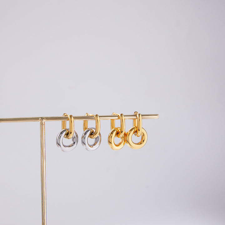 J&D Jewelry Drop Earring 18K PVD Plated Stainless Steel Two Tone Smooth Double Circle Pendant Earrings