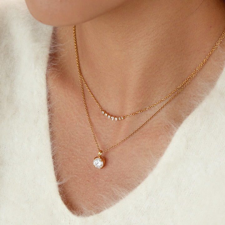J&D CZ Stone Layered Necklace Stainless Steel Gold Tone Dainty Minimalist Setting Polishing Trendy Gift Daily Wear Party Women