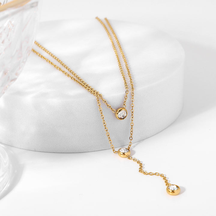 18K Gold Stainless Steel Y Shaped Dainty Chain Double Layer Shiny Cubic Zirconia Lariat Necklaces