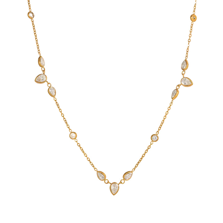 J&D 18K PVD Gold Plate Stainless Steel Necklace Waterproof Classic White Teardrop Zircon O-Chain Necklace