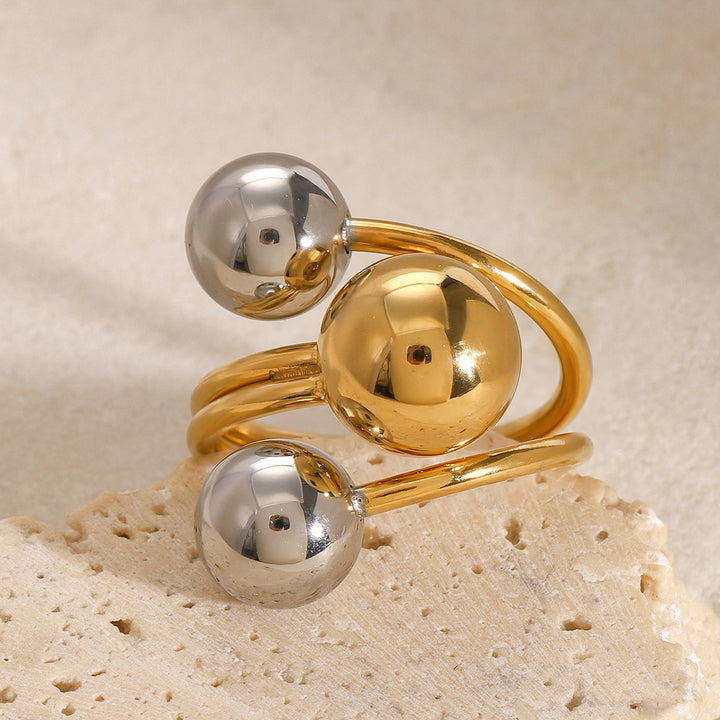 J&D Minimalist 18k Gold Stainless Steel Two Tone Mixed Color Three Layer Line Steel Ball Open Rings