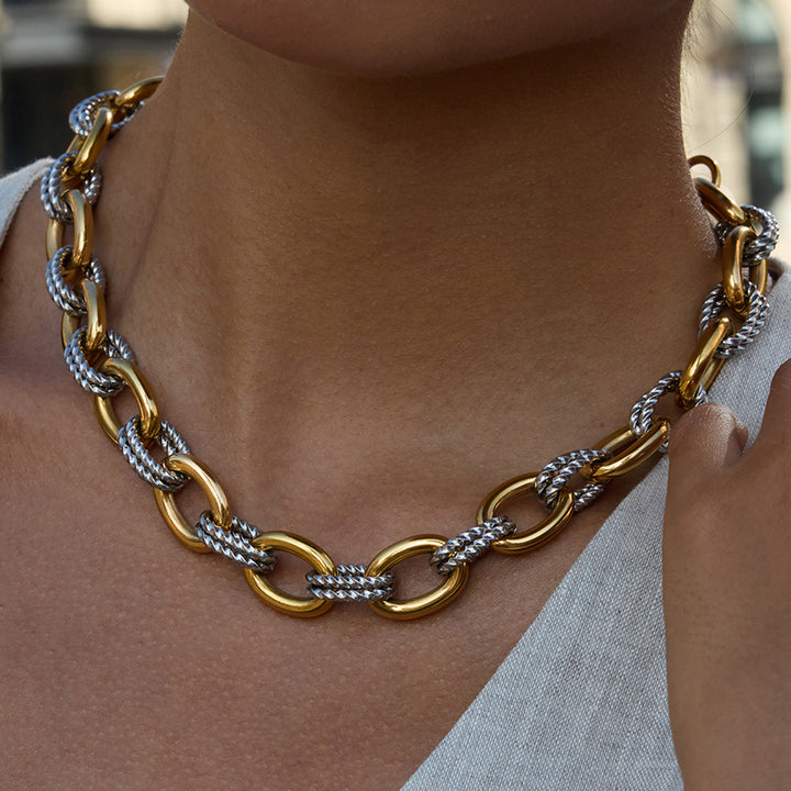 J&D 18K Gold Plate Stainless Steel Necklace Classic Minimalist Two Tone Oval Smooth Twist Necklace