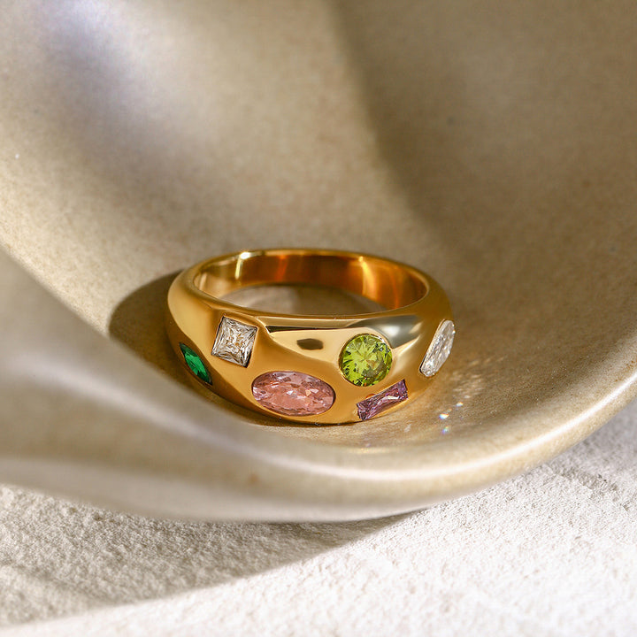J&D New Trendy 18k Gold Plated Stainless Steel Jewelry Wide Chunky Colorful Cubic Zircon Stone Ring