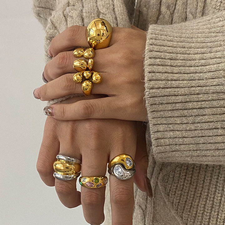 J&D Luxury Chunky Stainless Steel 18K Gold Rings Layered Two Tone Water Drop Zircon Rings Set