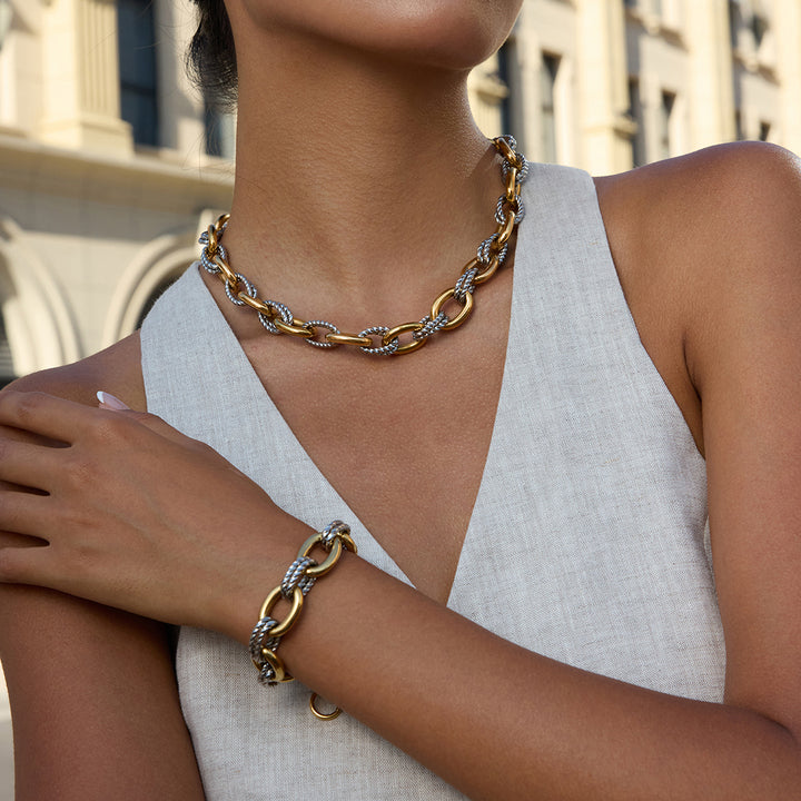 J&D Minimalist 18K Gold and Stainless Steel Two Tone Color Matching Oval Smooth Twist Bracelets Necklaces