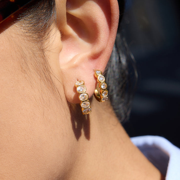 J&D Delicate CZ Hoop Earring 18K Gold Plated Stainless Steel Classic White Round Oval Zirconia Hoop Earrings