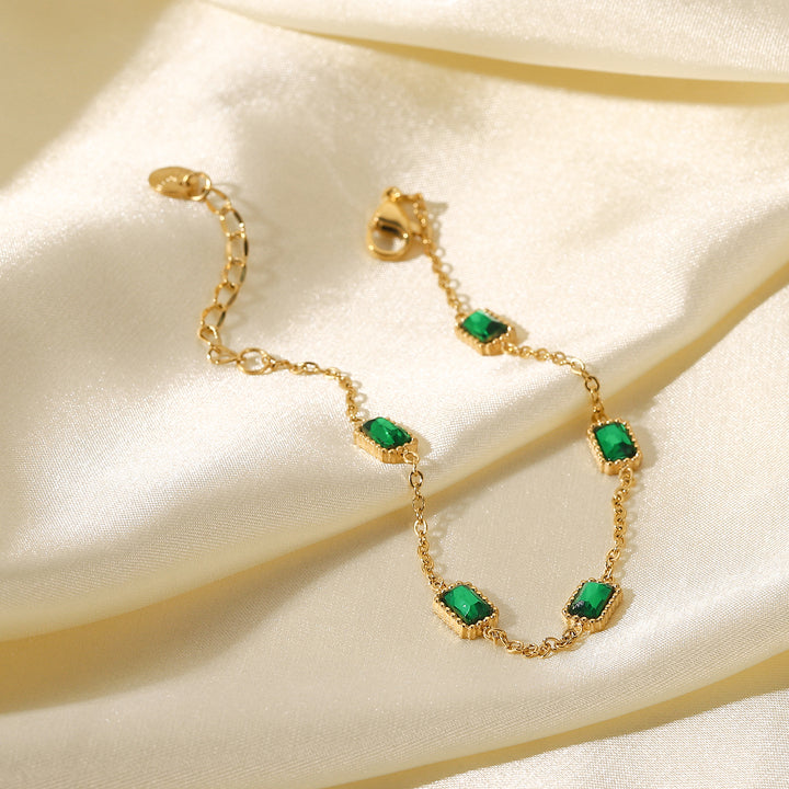 14K Gold Plated Stainless Steel Fine Chain Cubic Zirconia Jewelry Mulit Green Rectangle Bracelet