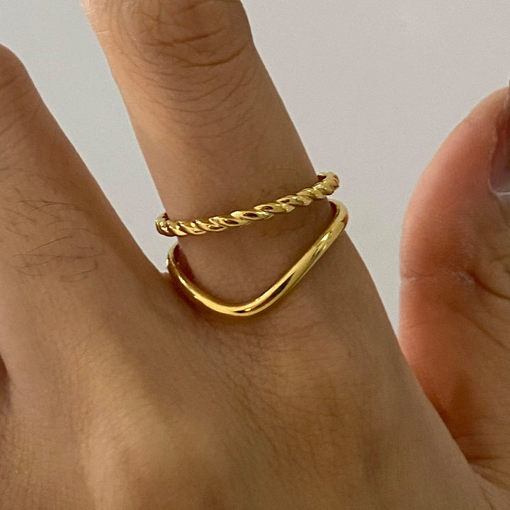 J&D 18K Gold Stainless Steel White Diamond Marquise Shaped Diamond and Two-Layer Hollow Braided Stackable Rings Set